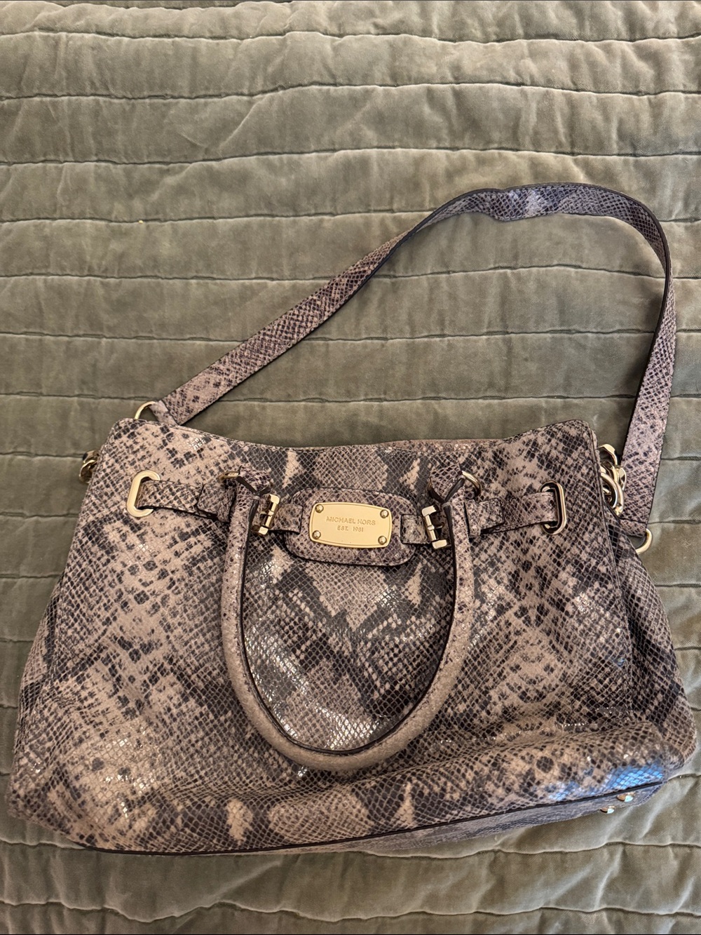Michael Kors Snake-Print Leather Shoulder Bag in Taupe and Dark Brown